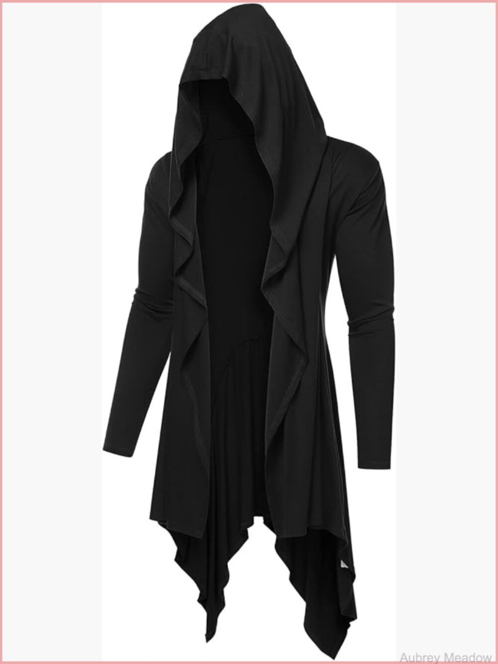 Long Hooded Cardigan Ruffle Shawl Collar Open Front Lightweight Drape Cape